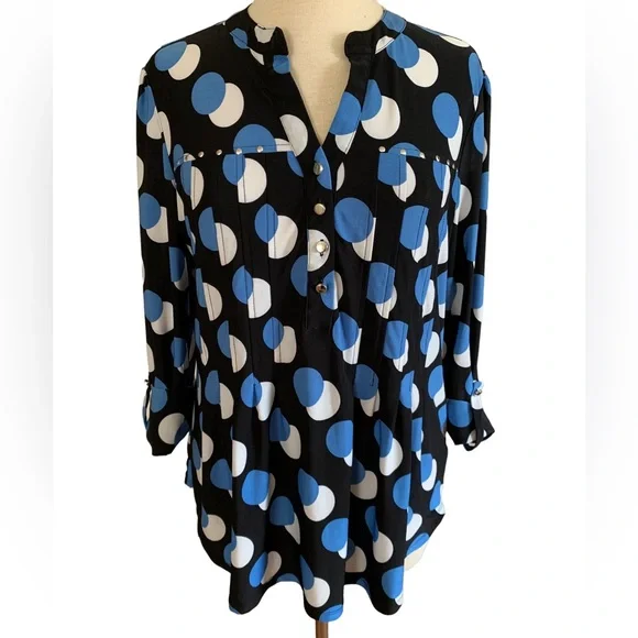 COCOMO Large Black blue white 3/4 sleeve studded women's Pintuck Blouse shirt - Picture 1 of 16